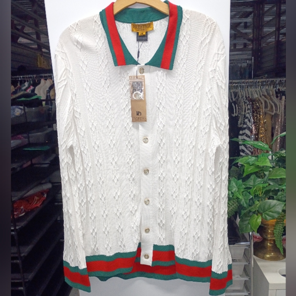 White and Green Cardigan Sweater